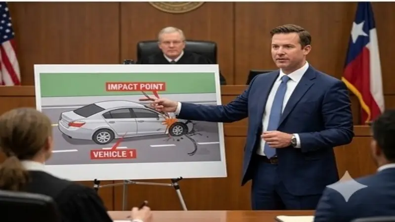 Courtroom scene with lawyer in Houston car accident case 2026