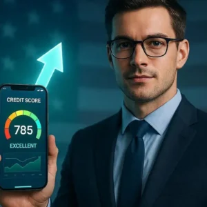 A modern high-end financial concept illustration, showing a rising credit score dashboard on a smartphone screen, glowing upward arrow