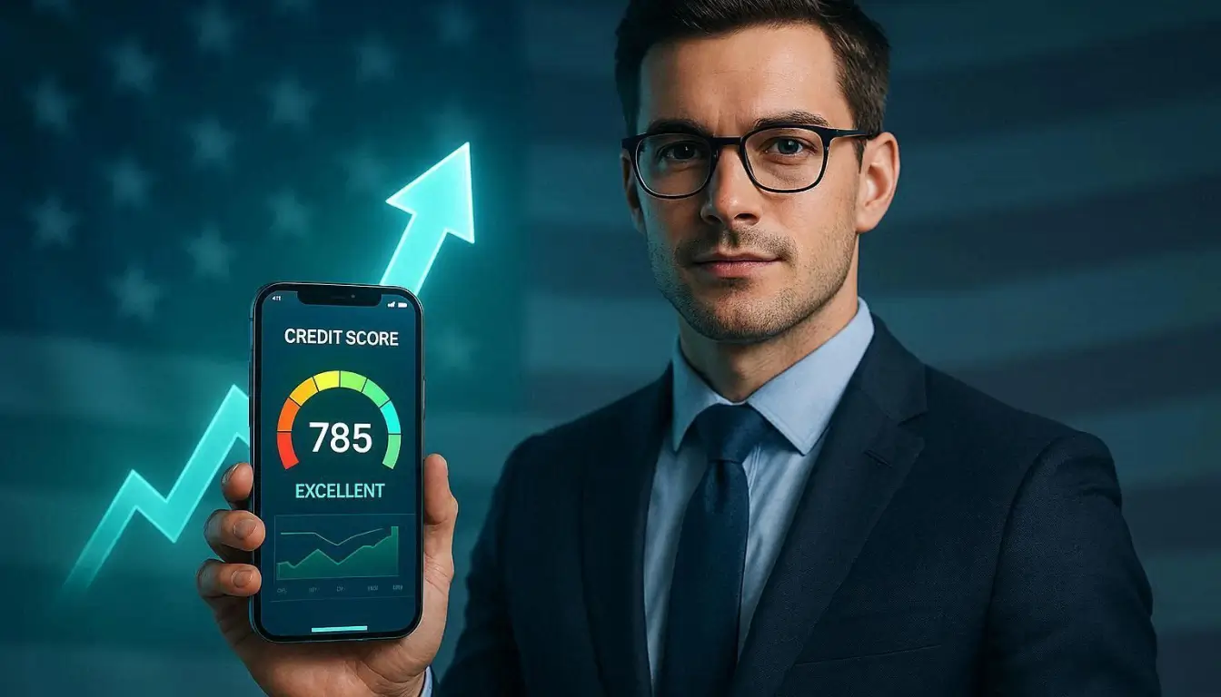 A modern high-end financial concept illustration, showing a rising credit score dashboard on a smartphone screen, glowing upward arrow