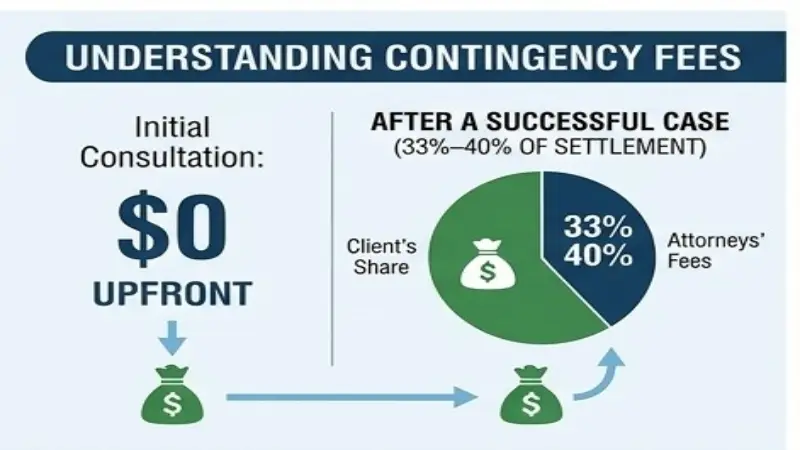 Infographic showing how contingency fees work for Houston car accident lawyers 2026