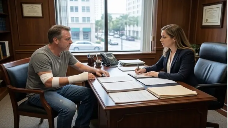Injured person talking to personal injury lawyer in Miami office 2026 — no win no fee consultation