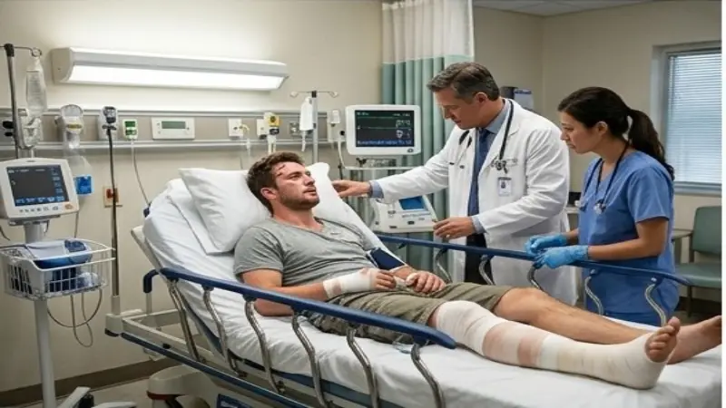 Injured motorcycle rider receiving medical care in California hospital 2026