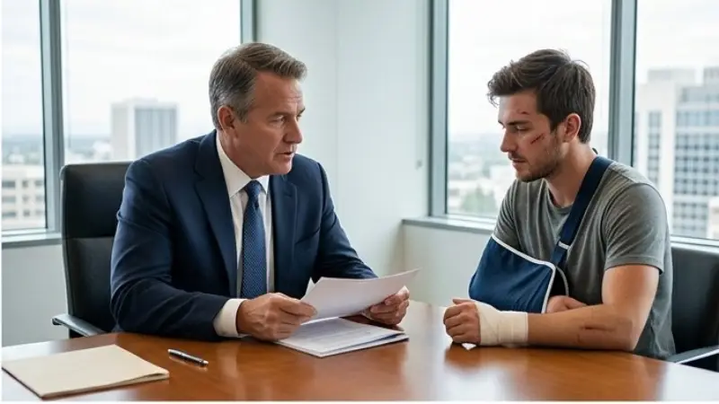 Attorney explaining motorcycle accident case to injured rider in California law office 2026