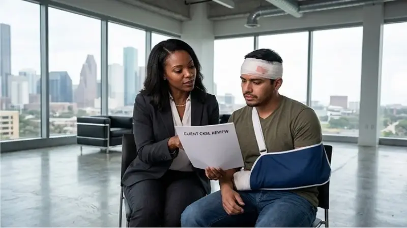 Car accident lawyer consulting injured client in Houston law office 2026