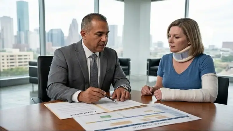 Truck accident lawyer explaining case to client in Dallas office 2026