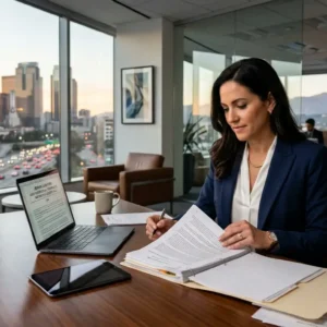 Professional California motorcycle accident attorney reviewing case files in modern Los Angeles law office 2026