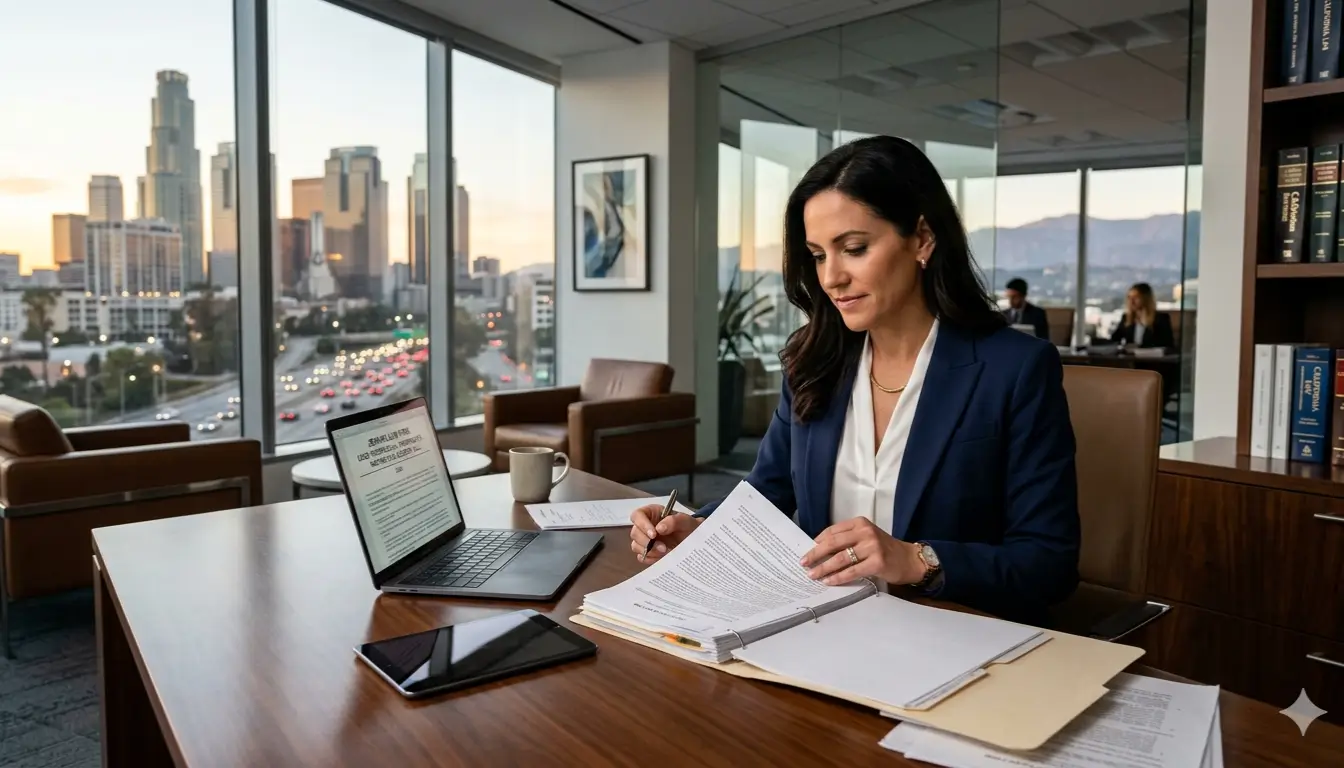 Professional California motorcycle accident attorney reviewing case files in modern Los Angeles law office 2026
