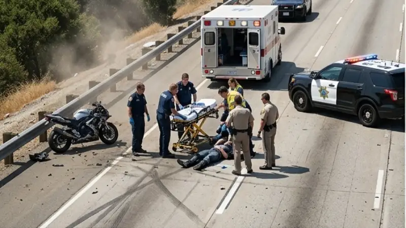 Motorcycle crash scene on California freeway I-5 with emergency services 2026
