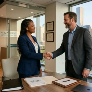 Professional car accident lawyer shaking hands with client in modern Houston law office 2026