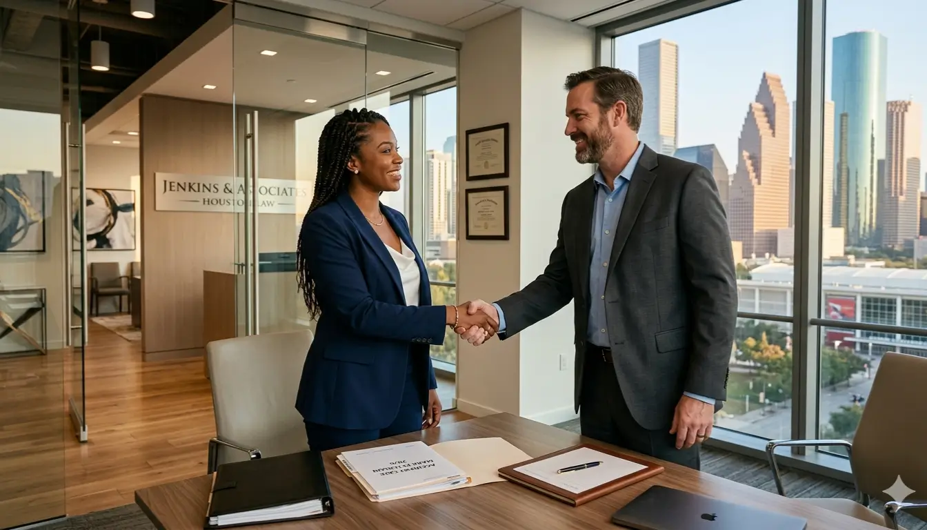 Professional car accident lawyer shaking hands with client in modern Houston law office 2026