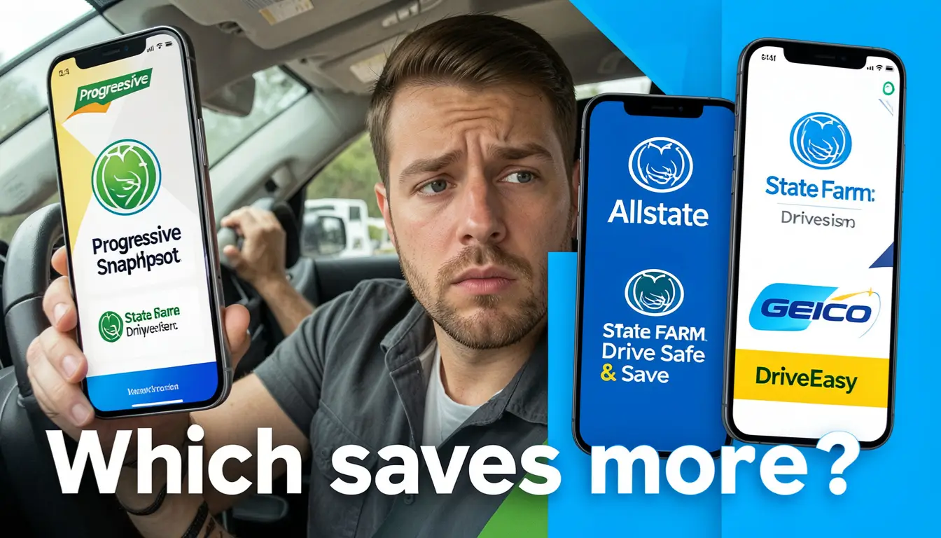 A confused driver looking at four different car insurance apps on smartphone (Progressive Snapshot, Allstate Drivewise, State Farm Drive Safe & Save, Geico DriveEasy
