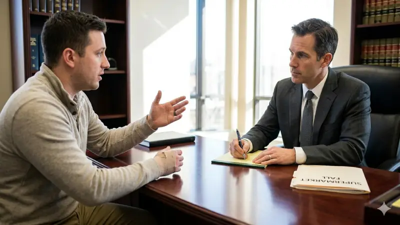 Slip and fall lawyer reviewing property incident report in Florida law office 2026