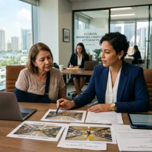 Florida premises liability attorney reviewing slip and fall accident case in Miami law office 2026