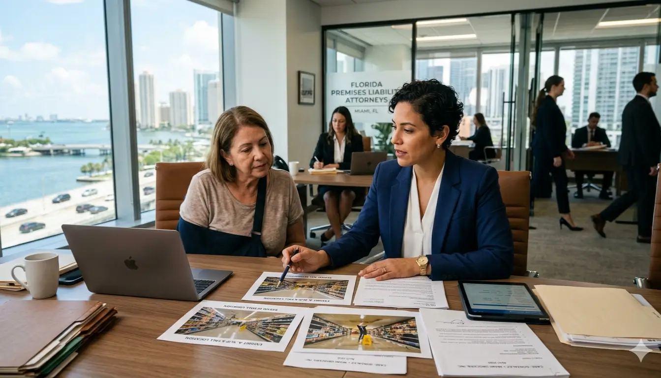 Florida premises liability attorney reviewing slip and fall accident case in Miami law office 2026