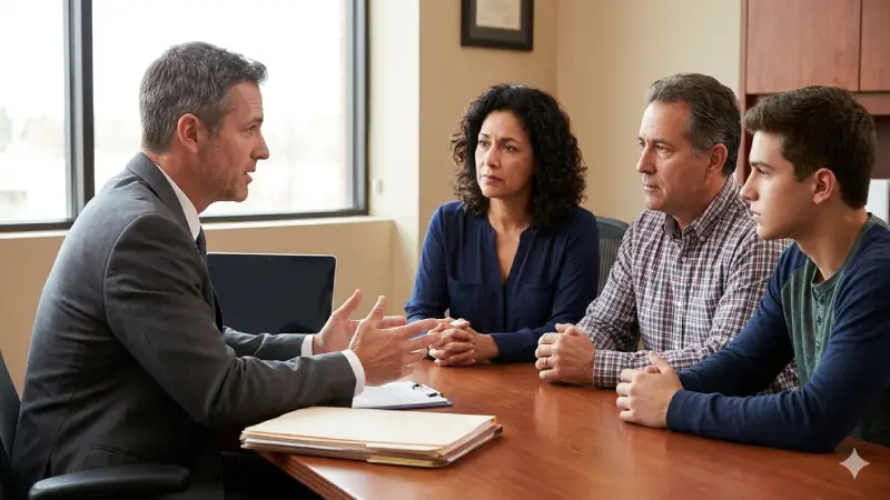 Grieving family meeting with compassionate wrongful death lawyer in Texas law office 2026