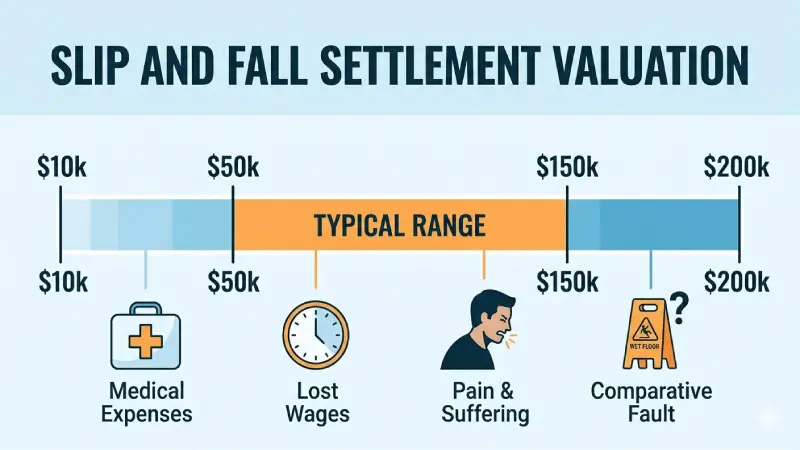 Infographic showing Florida slip and fall settlement amounts 2026 by case type