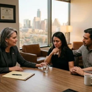 Compassionate Texas wrongful death attorney meeting with grieving family in law office 2026