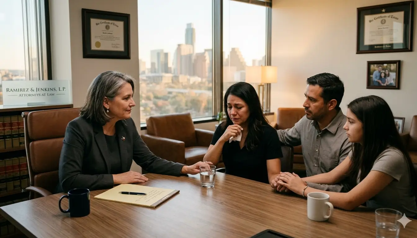 Compassionate Texas wrongful death attorney meeting with grieving family in law office 2026