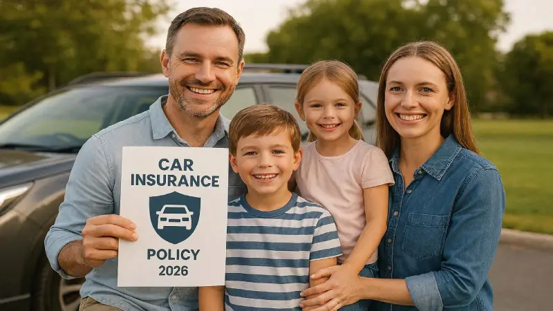 Happy Australian family saving money on car insurance policy 2026 warm editorial