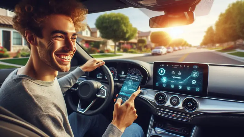 Happy American driver saving money with car insurance telematics app 2026