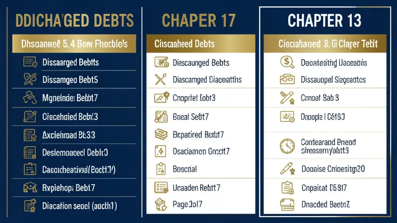 Which debts are discharged in bankruptcy USA 2026 — Chapter 7 vs Chapter 13 infographic