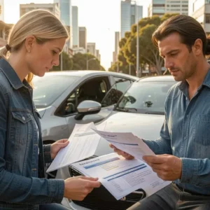 Australian driver reviewing car insurance documents next to modern car, Sydney or Melbourne urban setting 2026