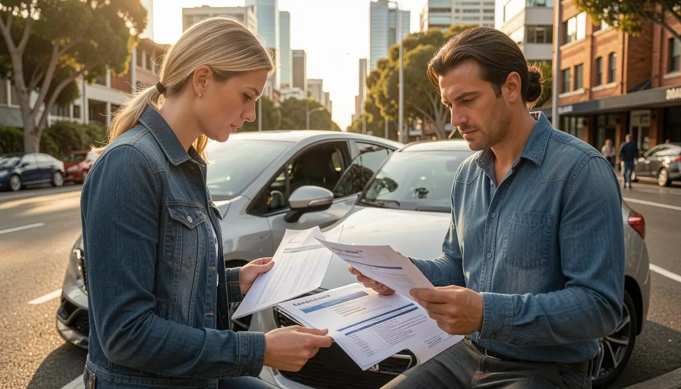 Australian driver reviewing car insurance documents next to modern car, Sydney or Melbourne urban setting 2026