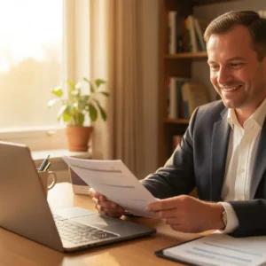 UK professional reviewing income protection insurance policy at home office 2026