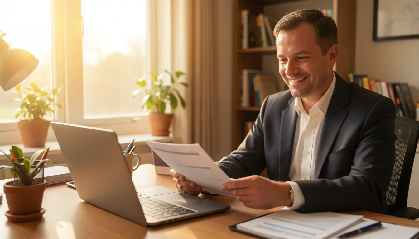 UK professional reviewing income protection insurance policy at home office 2026