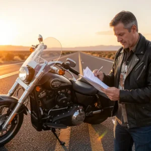 American motorcycle rider reviewing insurance documents next to Harley-Davidson on open road USA 2026