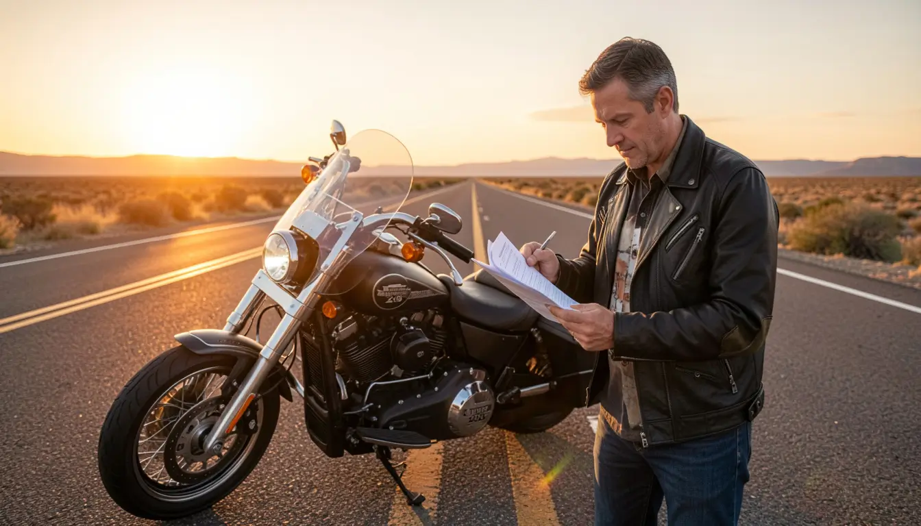 American motorcycle rider reviewing insurance documents next to Harley-Davidson on open road USA 2026