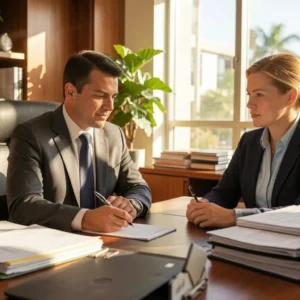 Professional Florida personal injury attorney consulting injured client in modern Miami or Orlando law office 2026