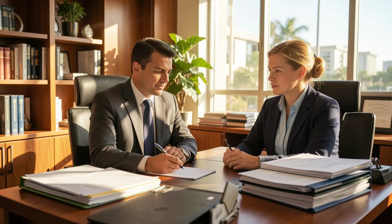 Professional Florida personal injury attorney consulting injured client in modern Miami or Orlando law office 2026