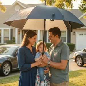 American family protected under umbrella concept, home and car visible