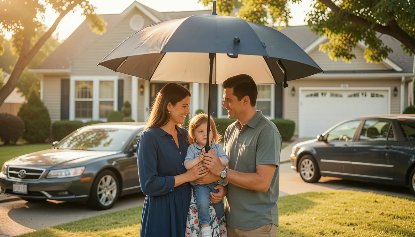 American family protected under umbrella concept, home and car visible