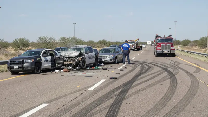 Car crash scene with police and damaged vehicles on a Texas highway