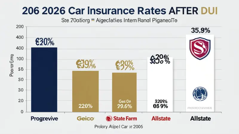 Car insurance rates after DUI 2026 — Progressive vs Geico vs State Farm vs Allstate bar chart