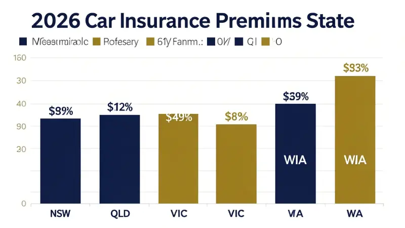 Car insurance annual premiums by Australian state 2026 — NSW QLD VIC WA bar chart