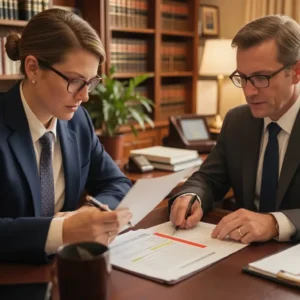 Person reviewing bankruptcy documents with attorney in professional US law office 2026