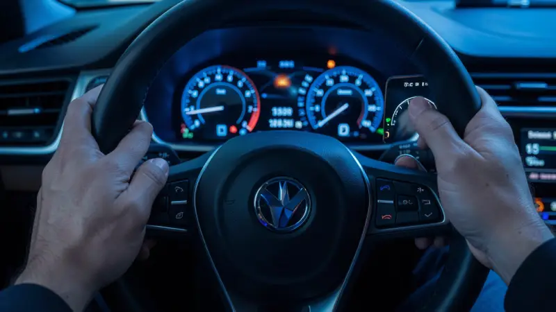 Close-up of driver hands on steering wheel with phone visible — phone distraction is the most heavily penalized behavior in all four telematics insurance programs