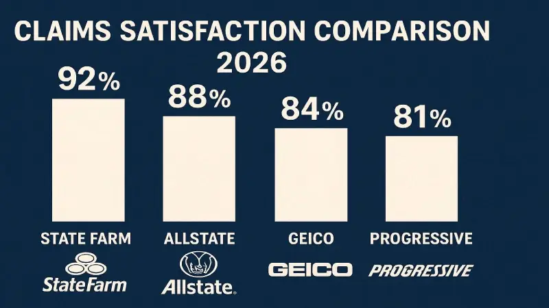 Claims satisfaction comparison Allstate Geico Progressive State Farm 2026 infographic