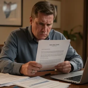 Stressed American adult receiving SSDI denial letter, looking determined to appeal