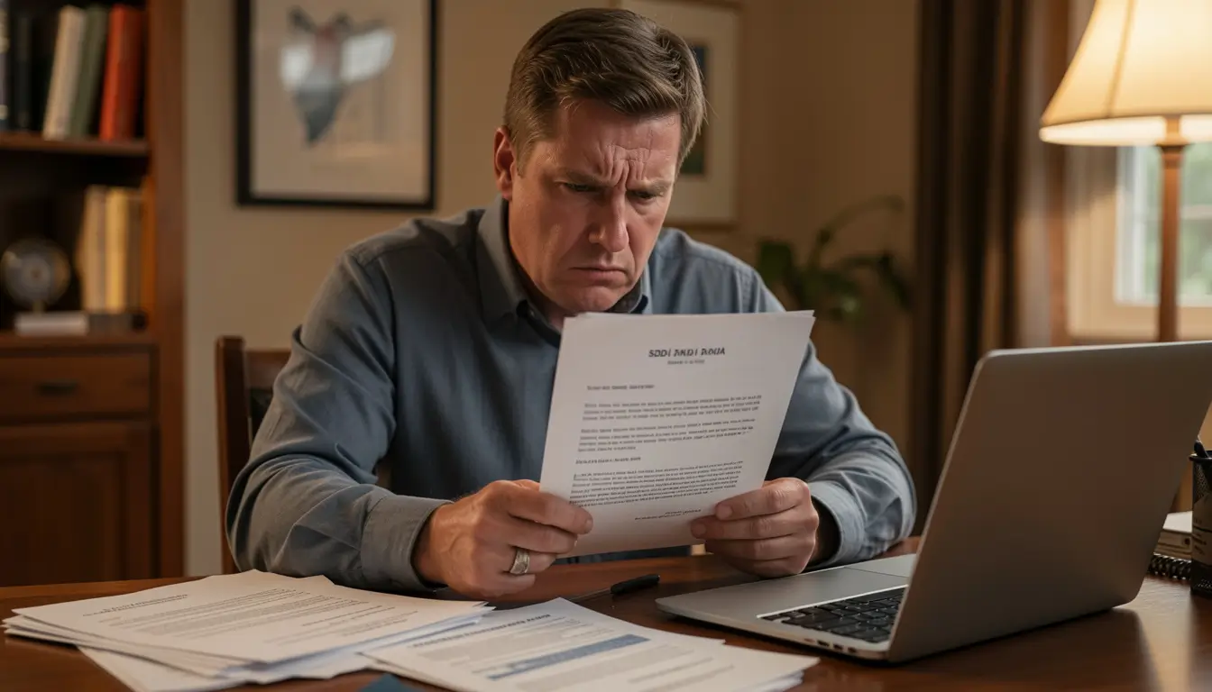 Stressed American adult receiving SSDI denial letter, looking determined to appeal