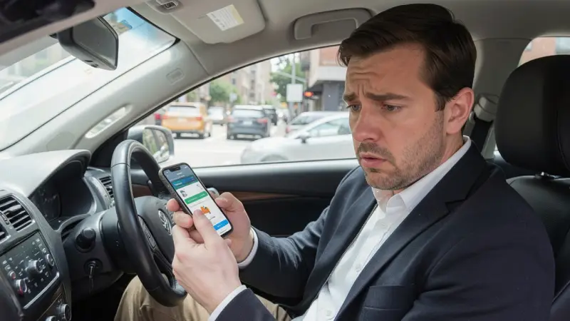 Driver in car looking confused while comparing telematics insurance apps on smartphone — choosing between Progressive Snapshot, Allstate Drivewise, State Farm Drive Safe and Save, and Geico DriveEasy