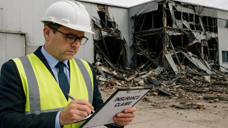 Insurance claims adjuster reviewing commercial property damage 2026 professional
