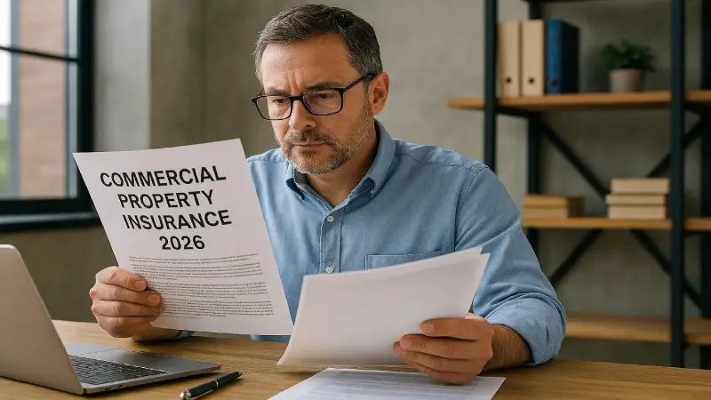Business owner reviewing commercial property insurance policy documents 2026 professional