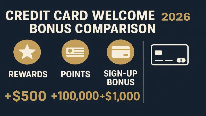 Travel credit card welcome bonus comparison infographic 2026 navy blue gold