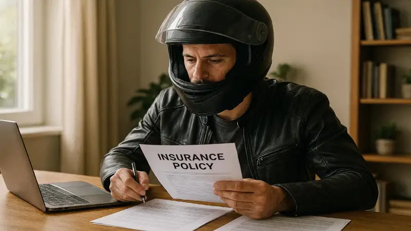 Motorcycle rider reviewing State Farm insurance policy 2026 editorial