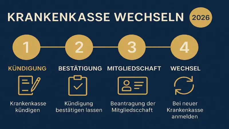 Krankenkasse wechseln 4 Schritte Infografik 2026 Deutschland navy blue gold