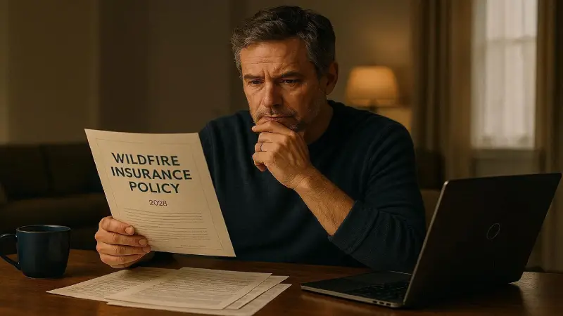 Homeowner reviewing wildfire insurance policy documents 2026 editorial warm